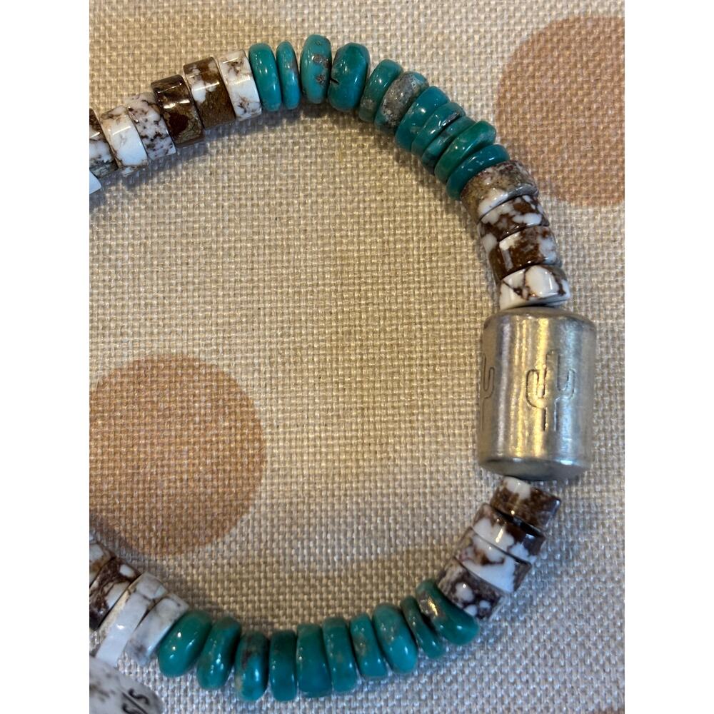 Turquoise & White Horse 7" Bracelet w Sterling Silver Bead